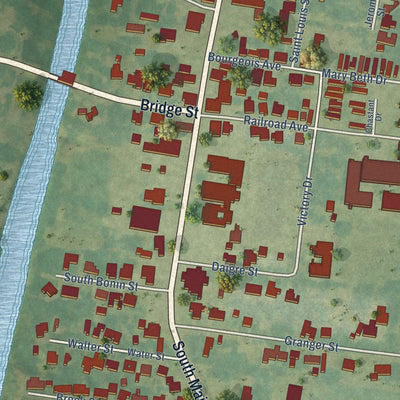 Close-up of the map of Loreauville, Louisiana print showing street and building detail
