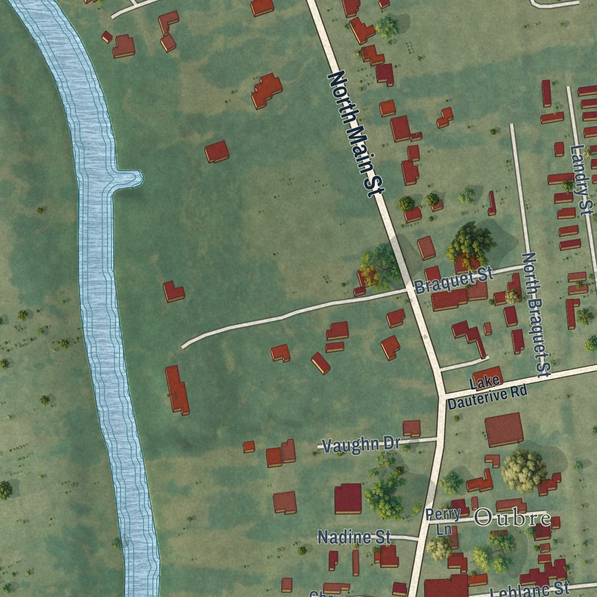 Second close-up of the map of Loreauville, Louisiana print showing more streets and buildings