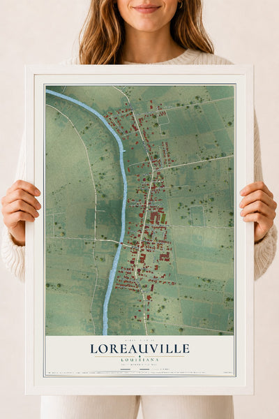 Map of Loreauville, Louisiana, 18 x 24 inch print in a white wood frame