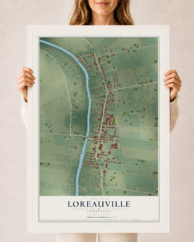 Map of Loreauville, Louisiana, 24 x 36 inch print in a white wood frame