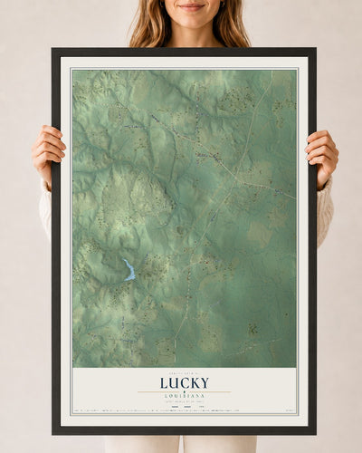 Map of Lucky, Louisiana, 24 x 36 inch print in a black wood frame