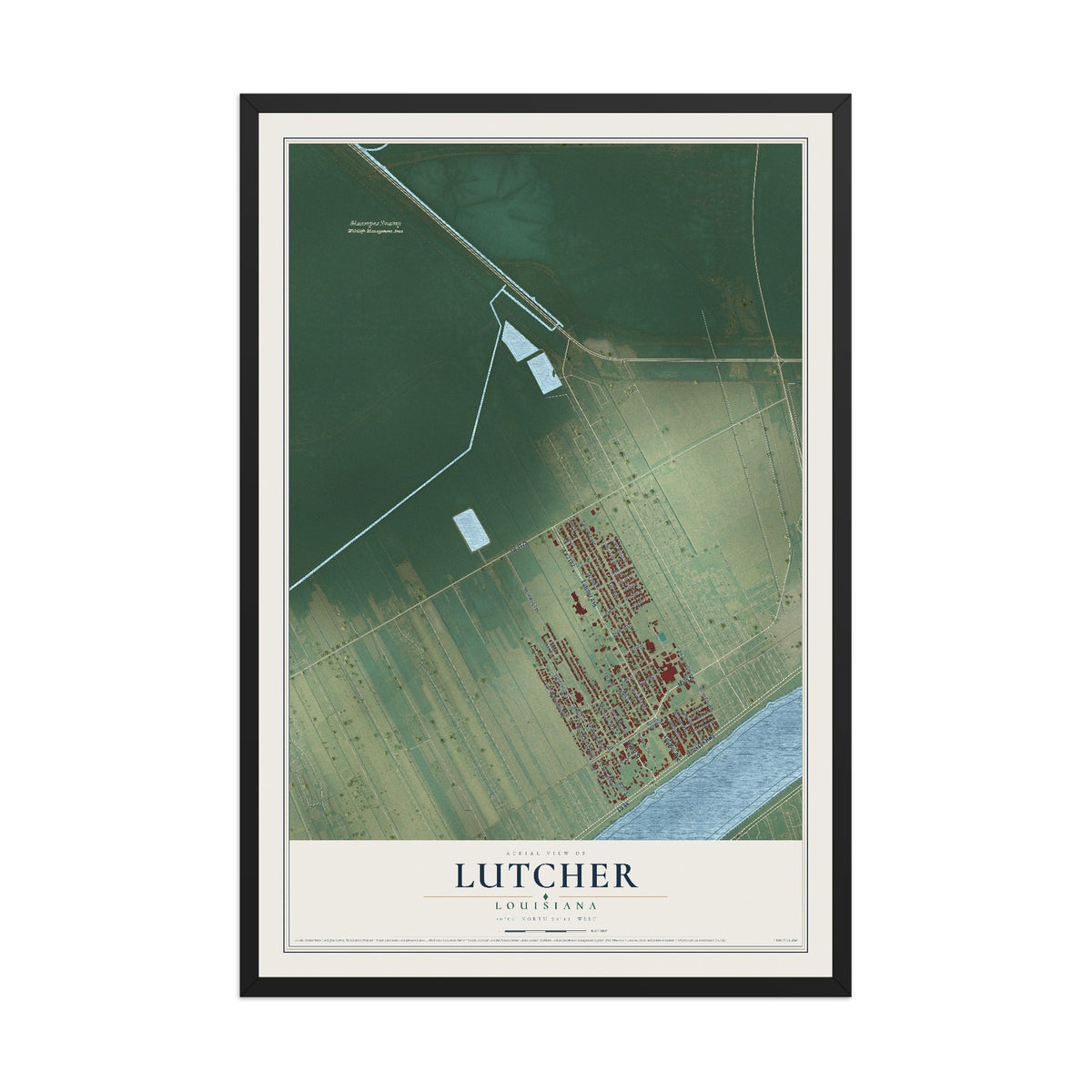 Map of Lutcher, Louisiana, 12 x 18 inch print in a black wood frame