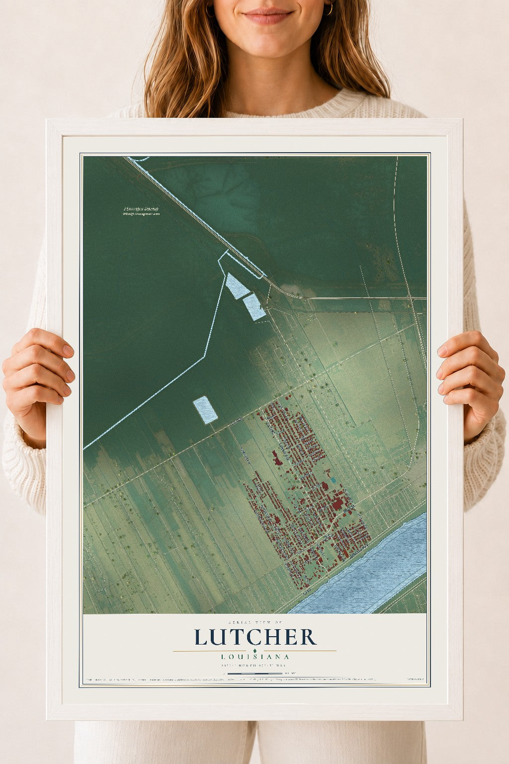 Map of Lutcher, Louisiana, 18 x 24 inch print in a white wood frame