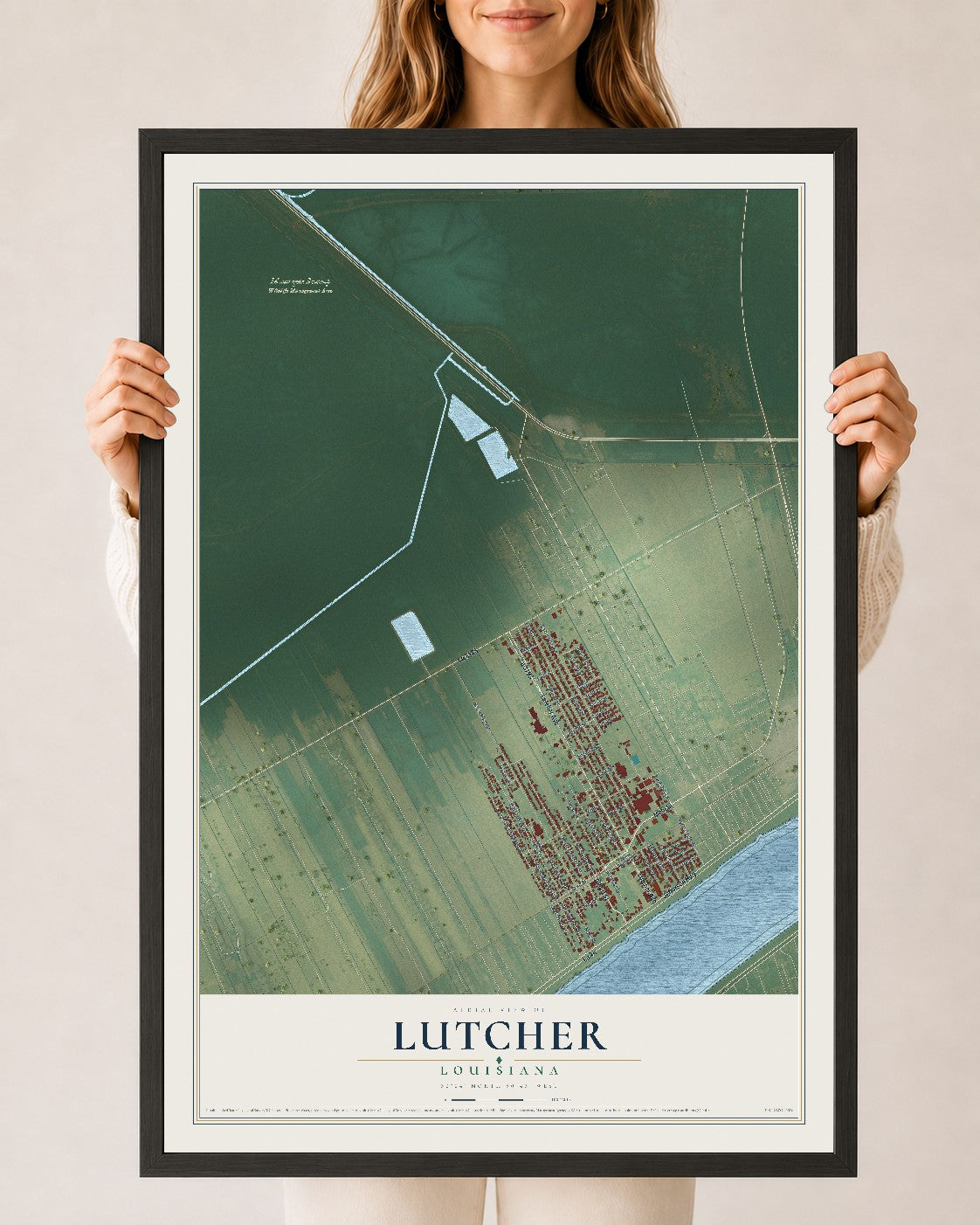 Map of Lutcher, Louisiana, 24 x 36 inch print in a black wood frame