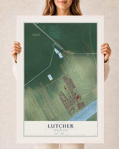 Map of Lutcher, Louisiana, 24 x 36 inch print in a white wood frame