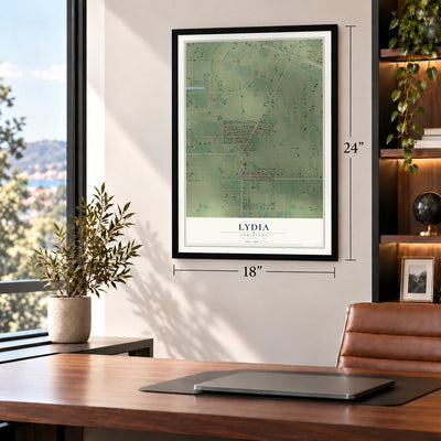Lydia, Louisiana map, 18 x 24 inch print in a black frame in a home office