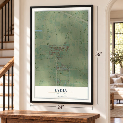 Lydia, Louisiana map, 24 x 36 inch print in a black frame by a staircase