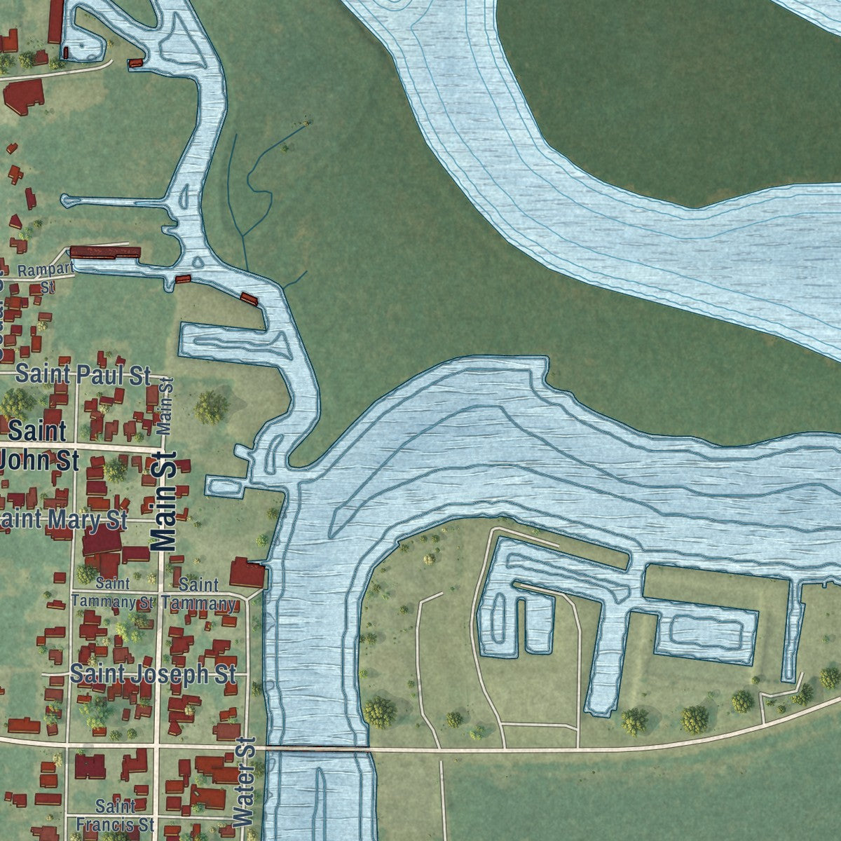 Close-up of the map of Madisonville, Louisiana print showing street and building detail