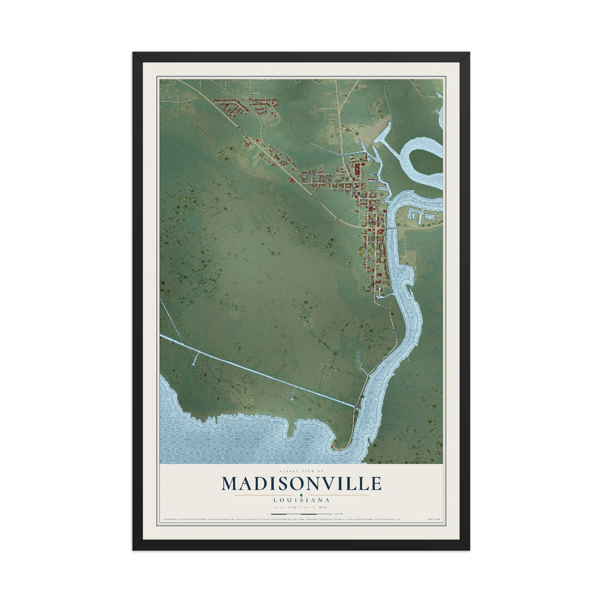 Map of Madisonville, Louisiana, 12 x 18 inch print in a black wood frame