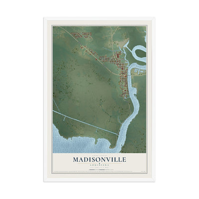 Map of Madisonville, Louisiana, 12 x 18 inch print in a white wood frame