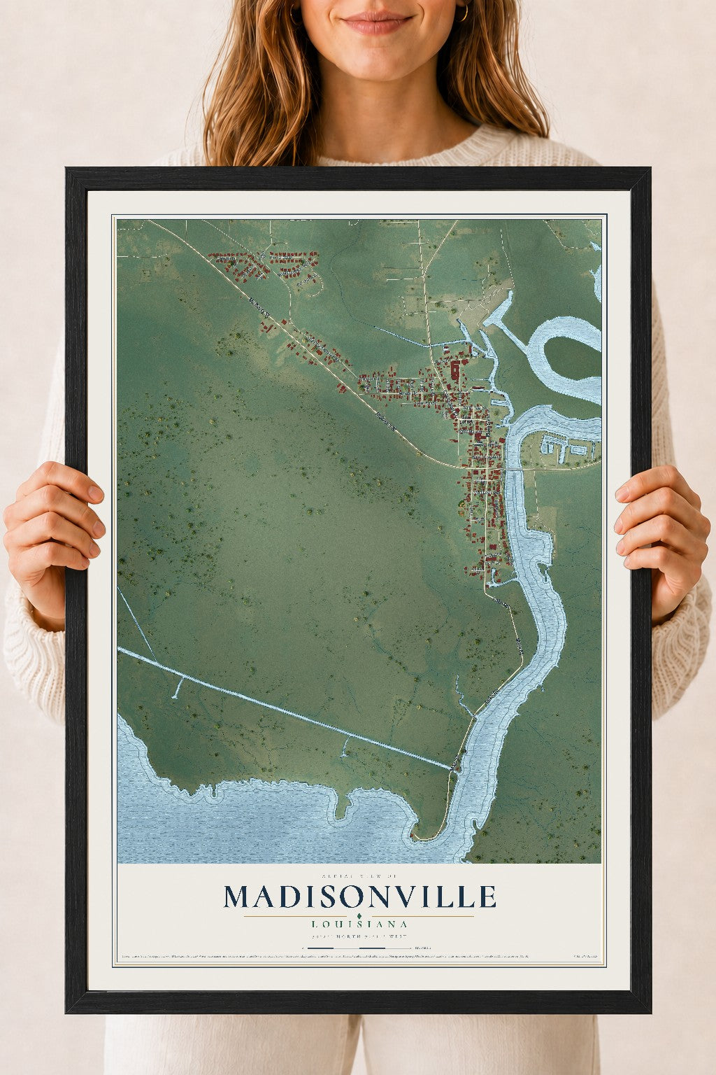 Map of Madisonville, Louisiana, 18 x 24 inch print in a black wood frame