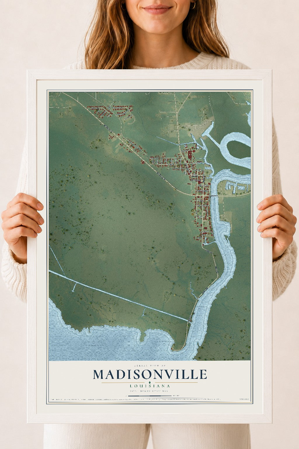 Map of Madisonville, Louisiana, 18 x 24 inch print in a white wood frame