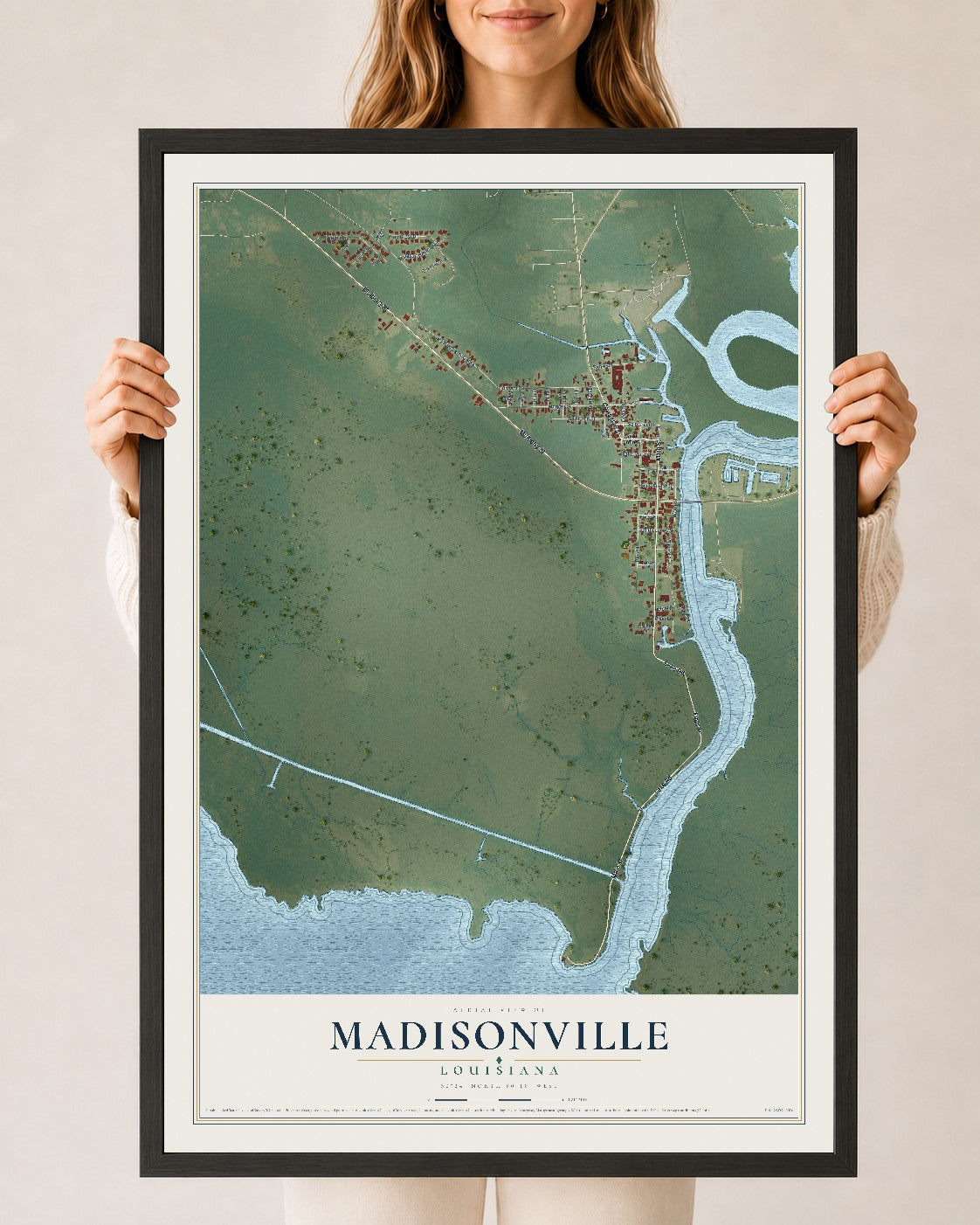 Map of Madisonville, Louisiana, 24 x 36 inch print in a black wood frame