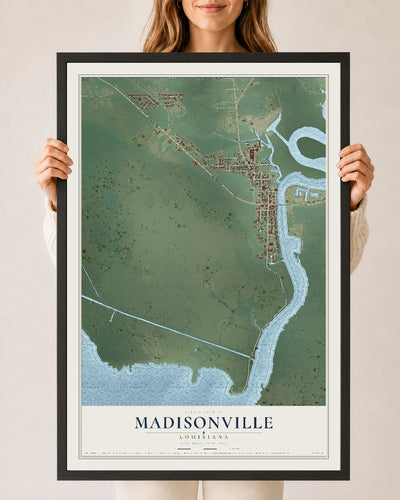 Map of Madisonville, Louisiana, 24 x 36 inch print in a black wood frame