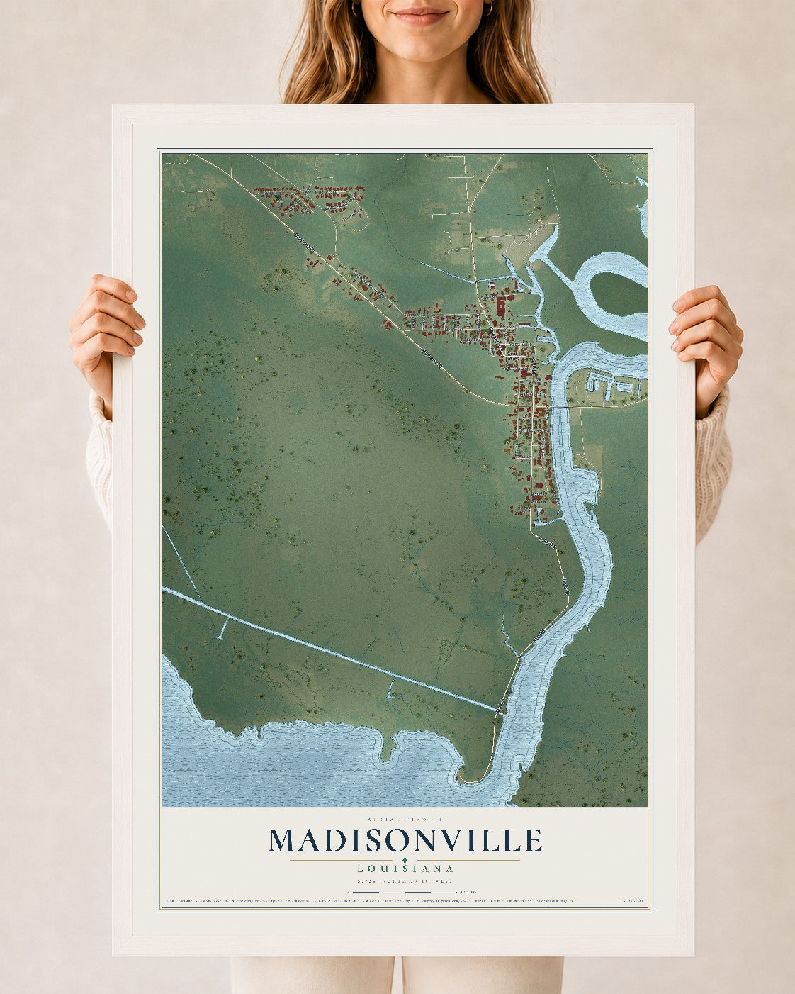 Map of Madisonville, Louisiana, 24 x 36 inch print in a white wood frame