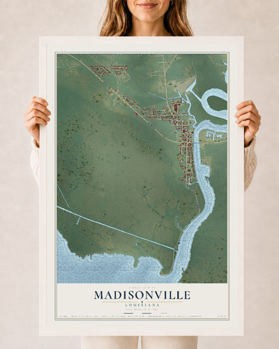Map of Madisonville, Louisiana, 24 x 36 inch print in a white wood frame