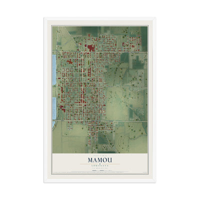 Map of Mamou, Louisiana, 12 x 18 inch print in a white wood frame