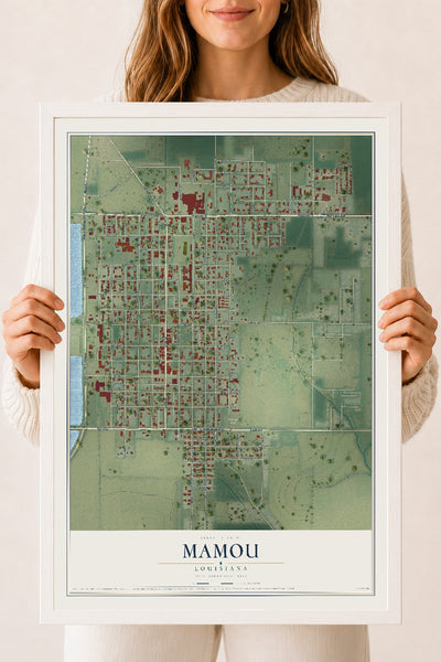 Map of Mamou, Louisiana, 18 x 24 inch print in a white wood frame