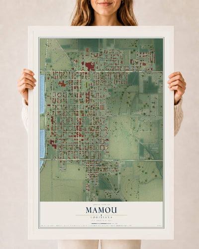 Map of Mamou, Louisiana, 24 x 36 inch print in a white wood frame