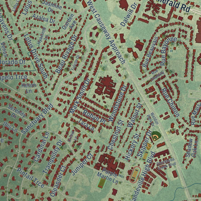 Close-up of the map of Mandeville, Louisiana print showing street and building detail
