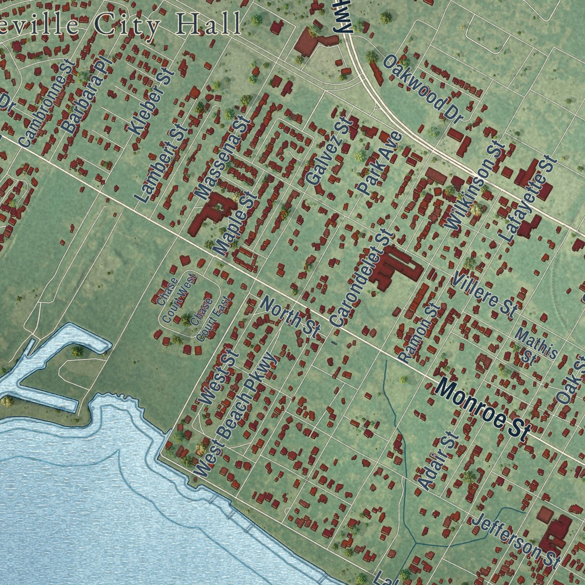 Second close-up of the map of Mandeville, Louisiana print showing more streets and buildings