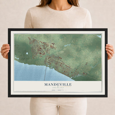 Map of Mandeville, Louisiana, 12 x 18 inch print in a black wood frame