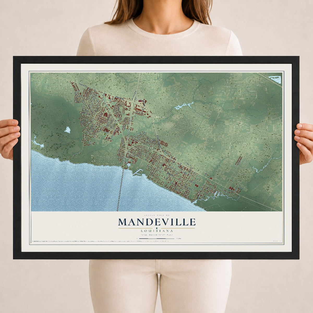 Map of Mandeville, Louisiana, 18 x 24 inch print in a black wood frame