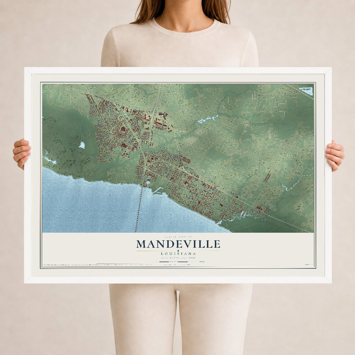 Map of Mandeville, Louisiana, 24 x 36 inch print in a white wood frame