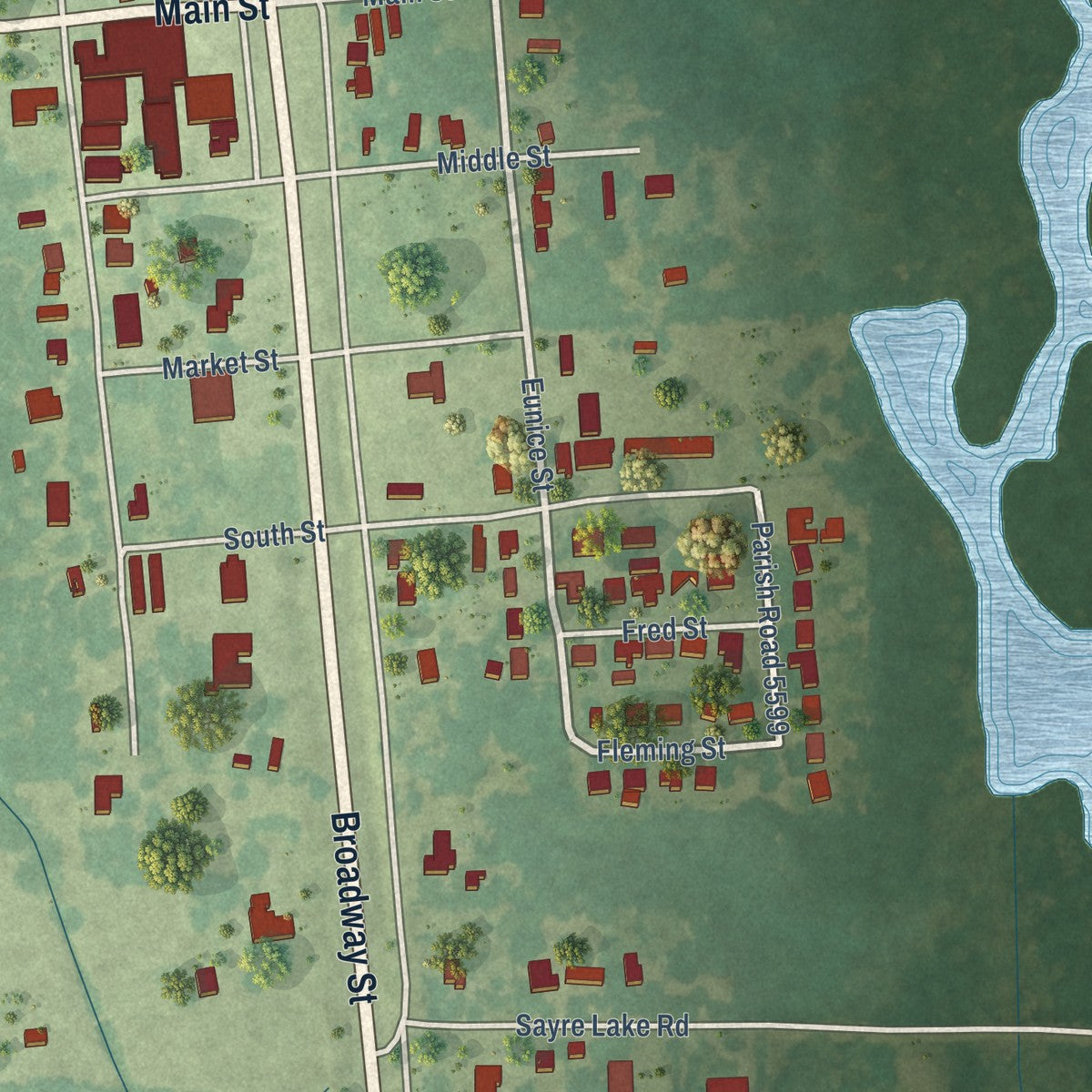 Close-up of the map of Mangham, Louisiana print showing street and building detail