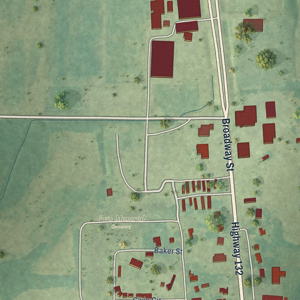 Second close-up of the map of Mangham, Louisiana print showing more streets and buildings