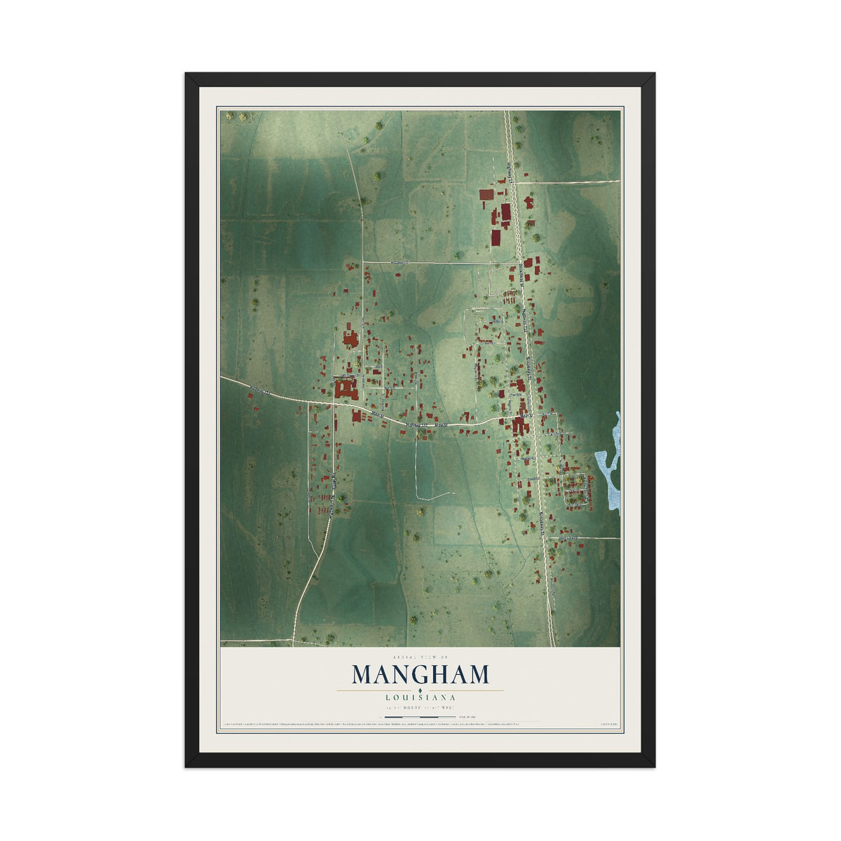 Map of Mangham, Louisiana, 12 x 18 inch print in a black wood frame