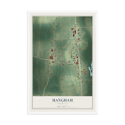 Map of Mangham, Louisiana, 12 x 18 inch print in a white wood frame