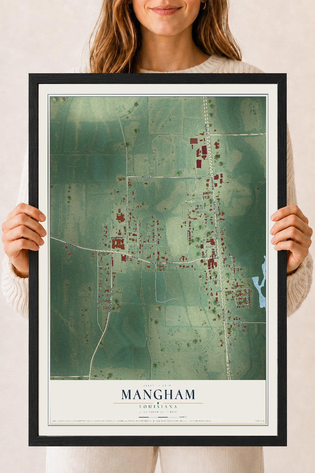 Map of Mangham, Louisiana, 18 x 24 inch print in a black wood frame
