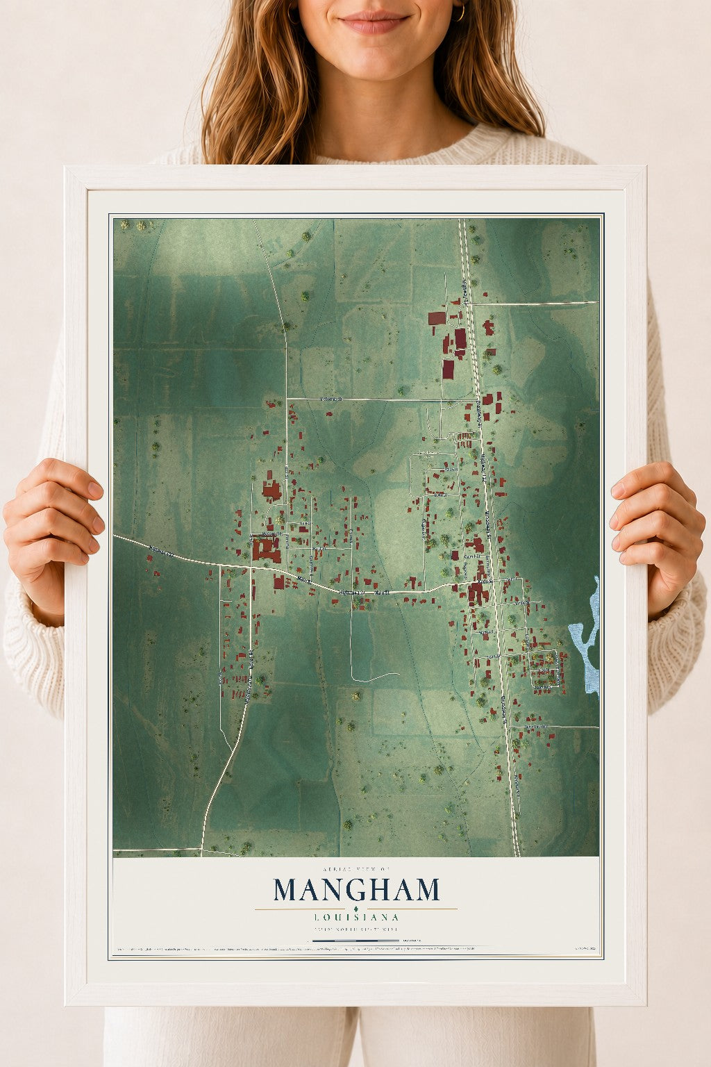 Map of Mangham, Louisiana, 18 x 24 inch print in a white wood frame