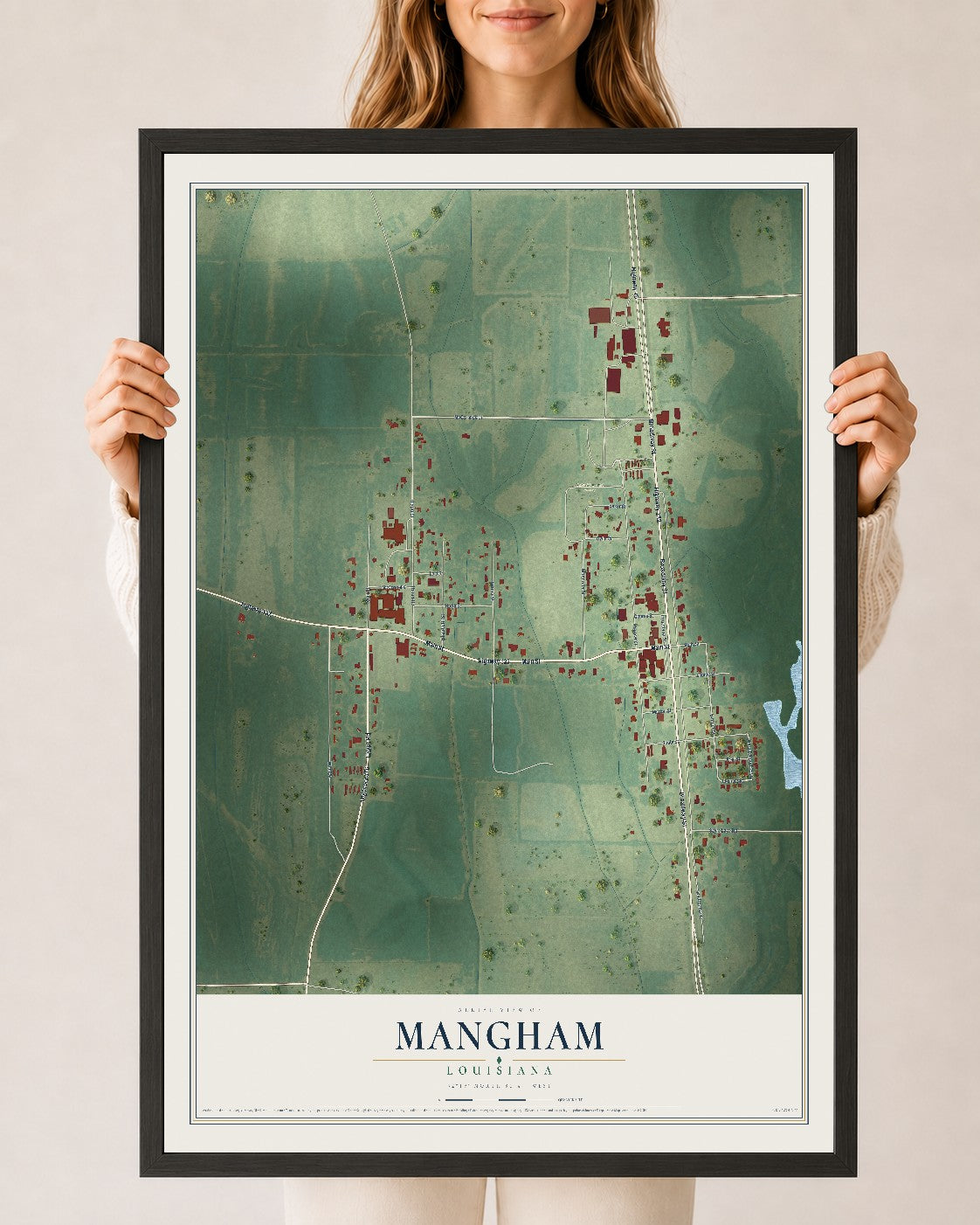 Map of Mangham, Louisiana, 24 x 36 inch print in a black wood frame