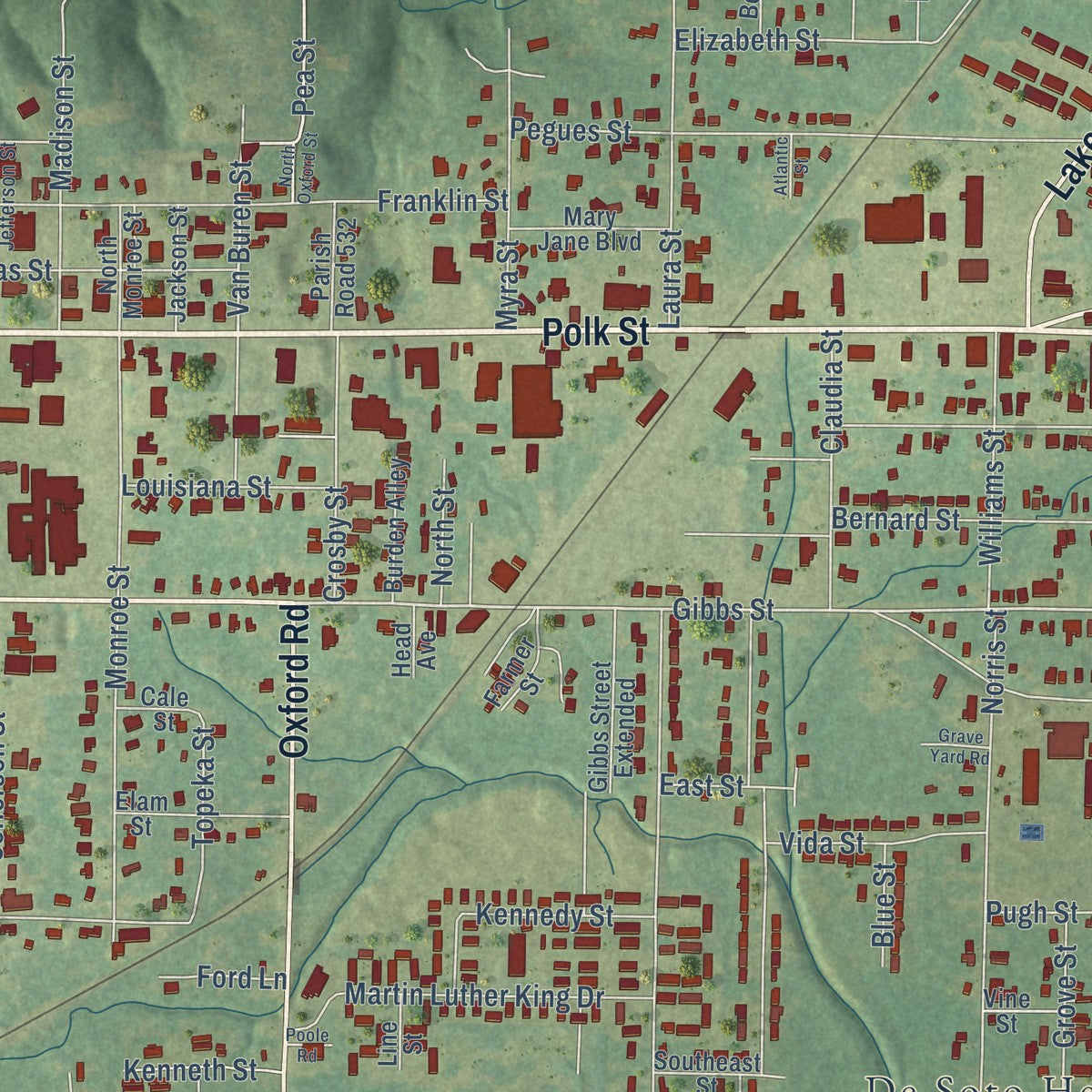 Close-up of the map of Mansfield, Louisiana print showing street and building detail