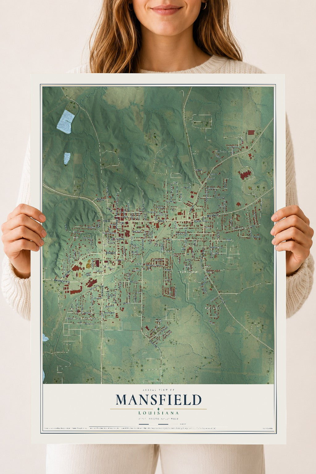 Map of Mansfield, Louisiana, 18 x 24 inch unframed archival matte print