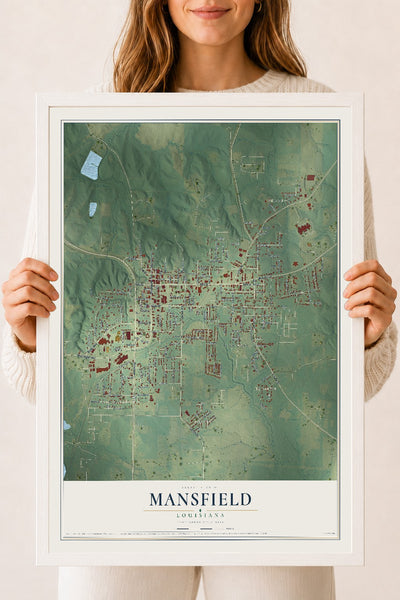 Map of Mansfield, Louisiana, 18 x 24 inch print in a white wood frame