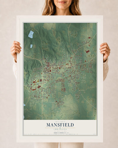 Map of Mansfield, Louisiana, 24 x 36 inch print in a white wood frame