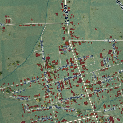 Close-up of the map of Mansura, Louisiana print showing street and building detail