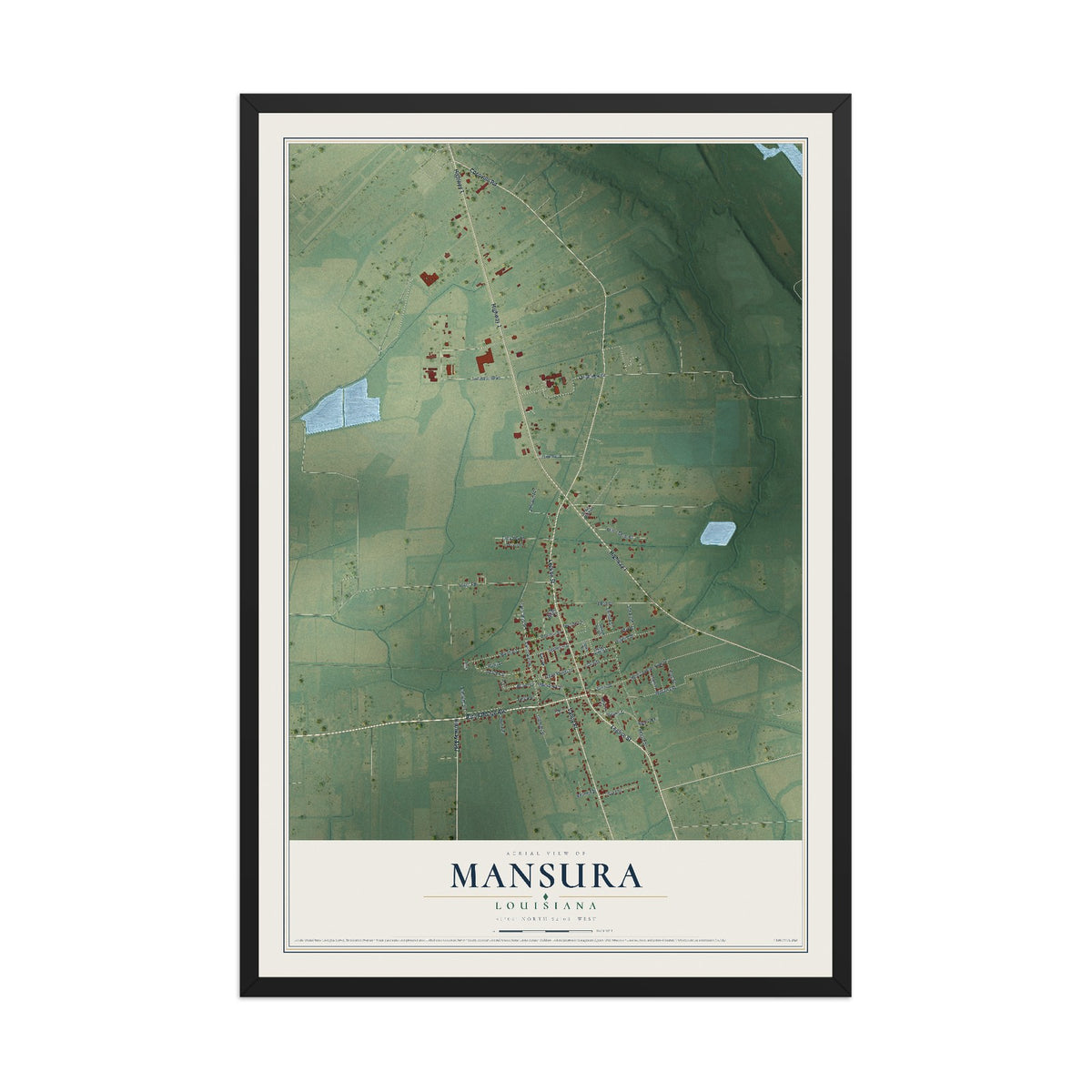 Map of Mansura, Louisiana, 12 x 18 inch print in a black wood frame