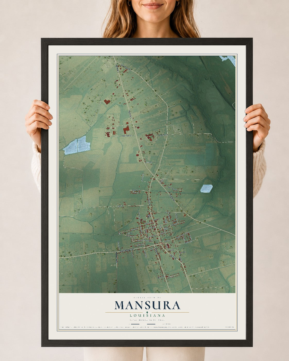 Map of Mansura, Louisiana, 24 x 36 inch print in a black wood frame