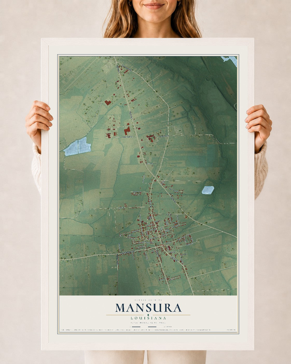 Map of Mansura, Louisiana, 24 x 36 inch print in a white wood frame
