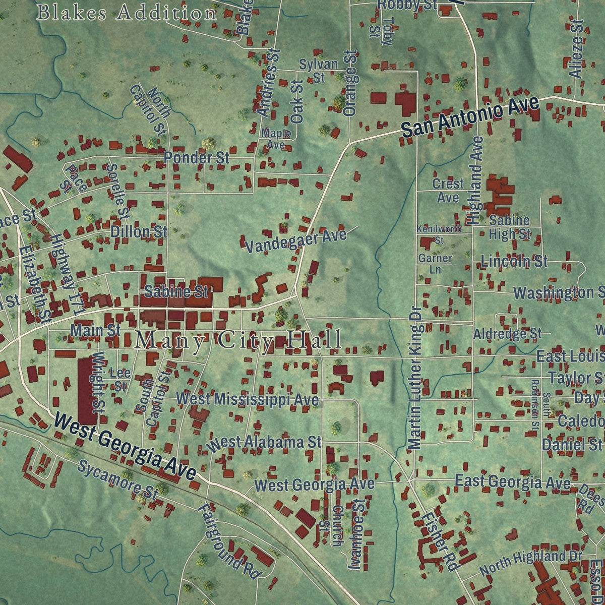 Close-up of the map of Many, Louisiana print showing street and building detail