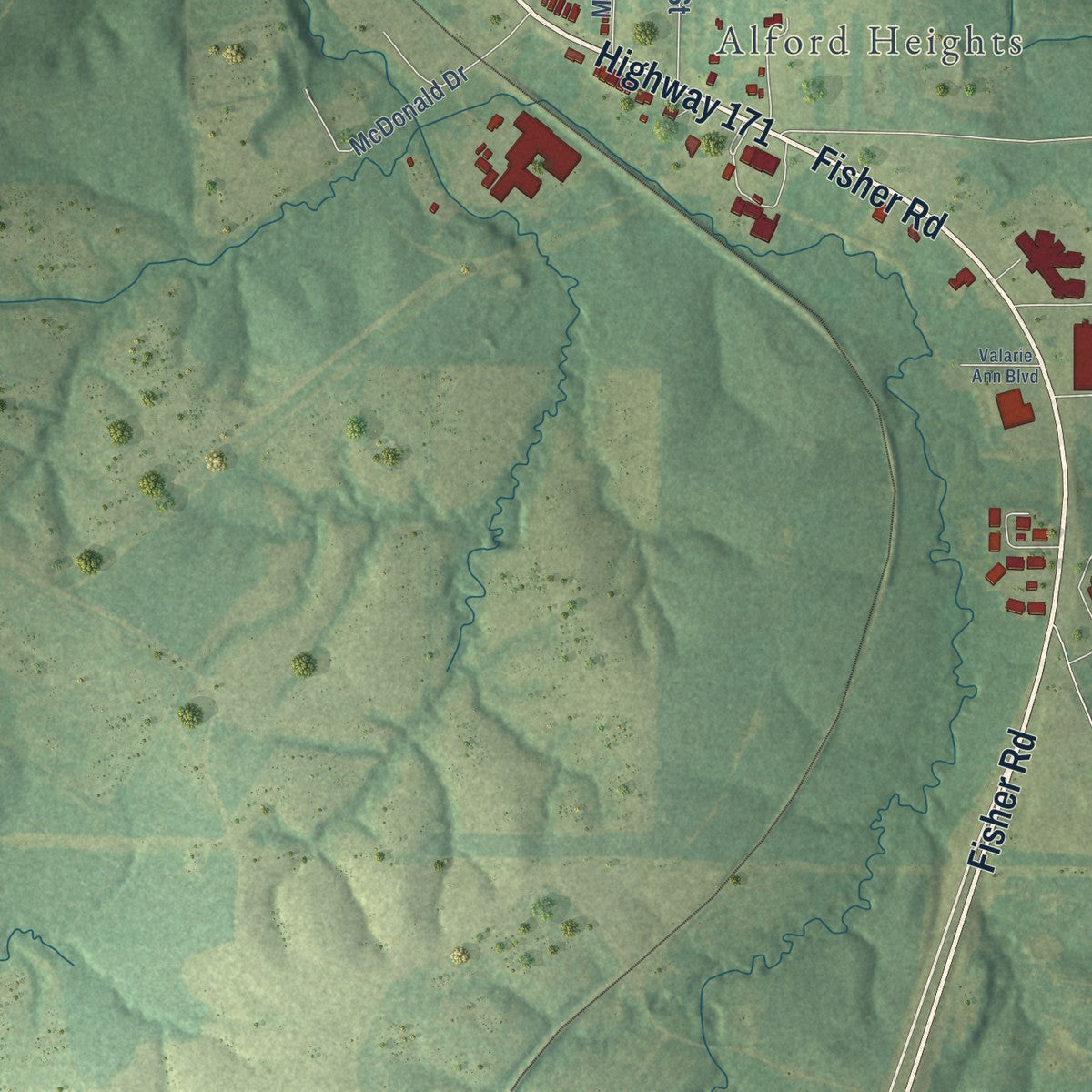Second close-up of the map of Many, Louisiana print showing more streets and buildings