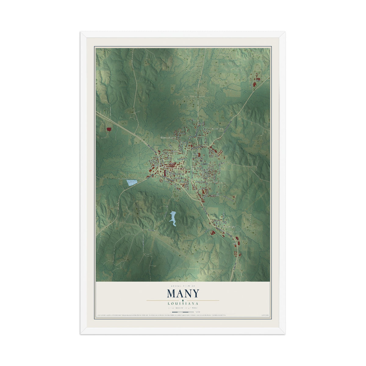 Map of Many, Louisiana, 12 x 18 inch print in a white wood frame