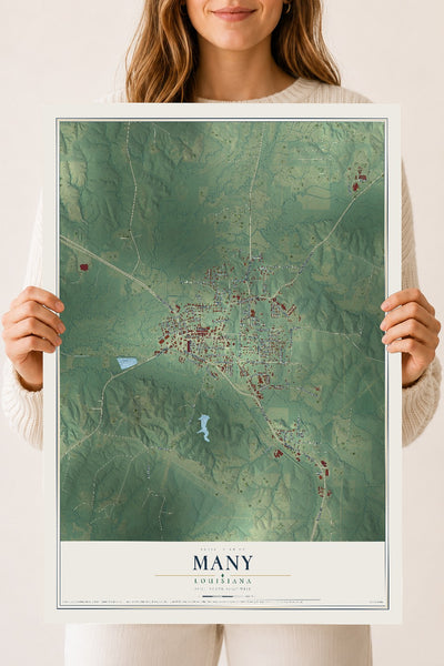 Map of Many, Louisiana, 18 x 24 inch unframed archival matte print