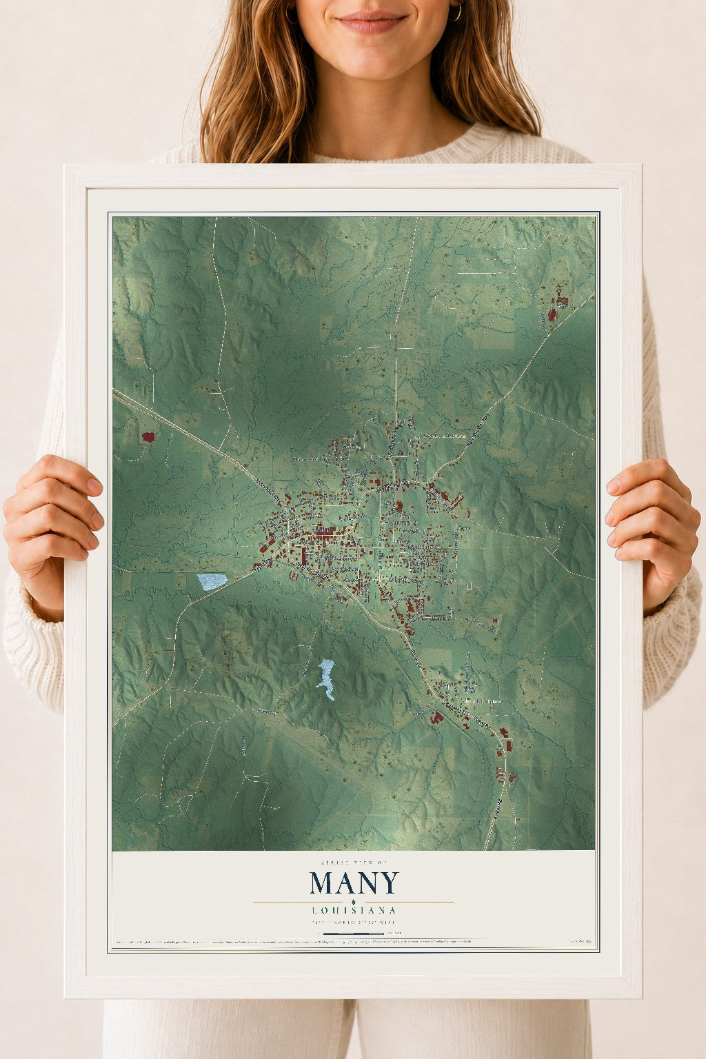 Map of Many, Louisiana, 18 x 24 inch print in a white wood frame