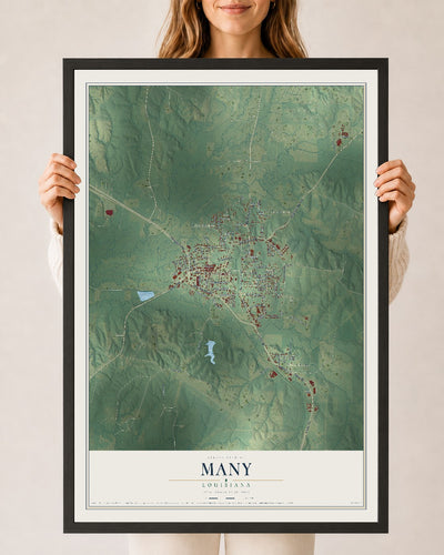 Map of Many, Louisiana, 24 x 36 inch print in a black wood frame