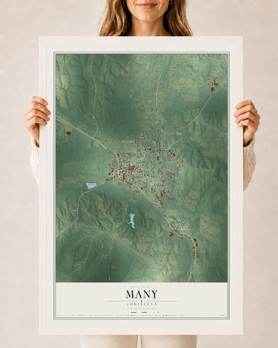 Map of Many, Louisiana, 24 x 36 inch print in a white wood frame